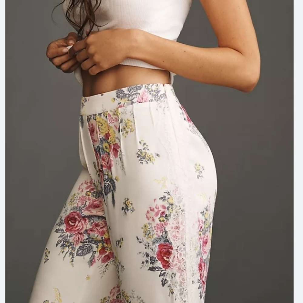 Anthropologie Pink and Cream Floral Lace Wide-Leg High Waist Satin Pants Sz-12 - Picture 4 of 13